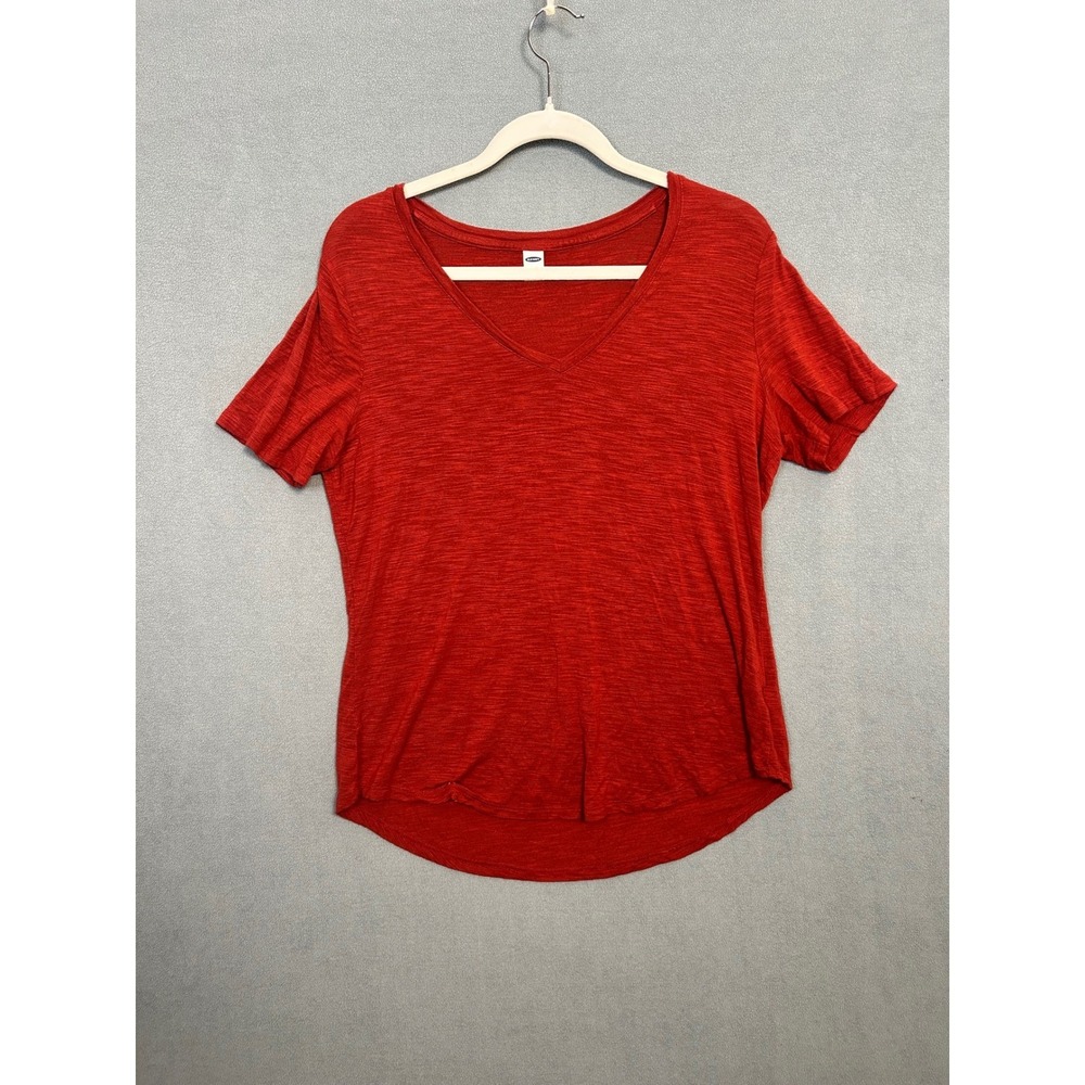 Old Navy Luxe Womens Red V-Neck Slub Knit Short Sleeve Curved Hem Tee Shirt M